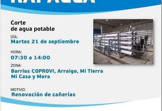 Habrá un corte en el suministro de agua de la POI del barrio Mora