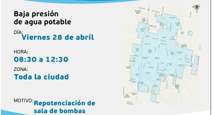 ASSA anticipa que el viernes habrá disminución de presión de agua en Rafaela
