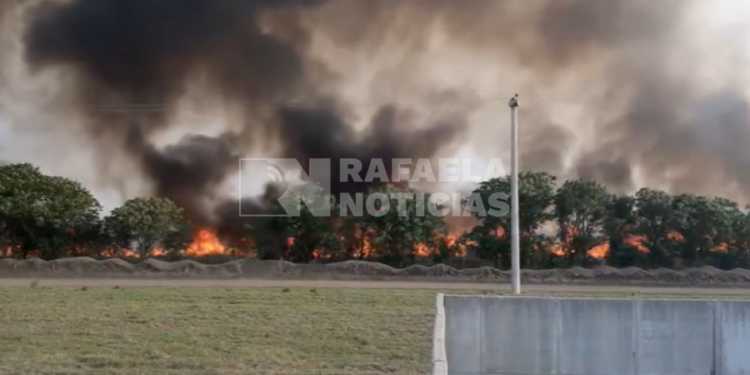 Gran esfuerzo de bomberos para intentar controlar un incendio de pastizales en las lagunas de retardo