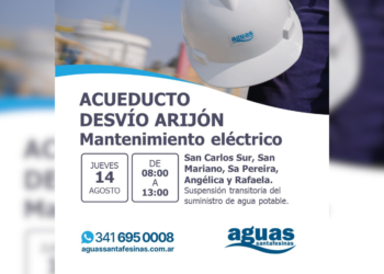 Corte de agua en Rafaela y la región por trabajos de mantenimiento en el Acueducto de Desvío Arijón