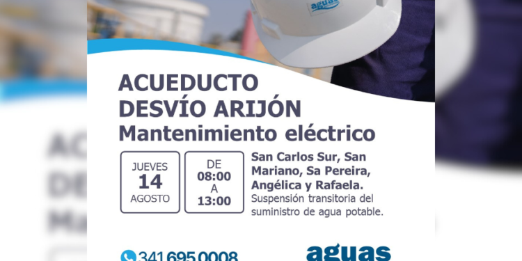 Corte de agua en Rafaela y la región por trabajos de mantenimiento en el Acueducto de Desvío Arijón