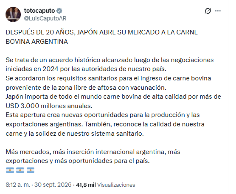 El ministro de economía, Luis Caputo, a través de su cuenta de X.