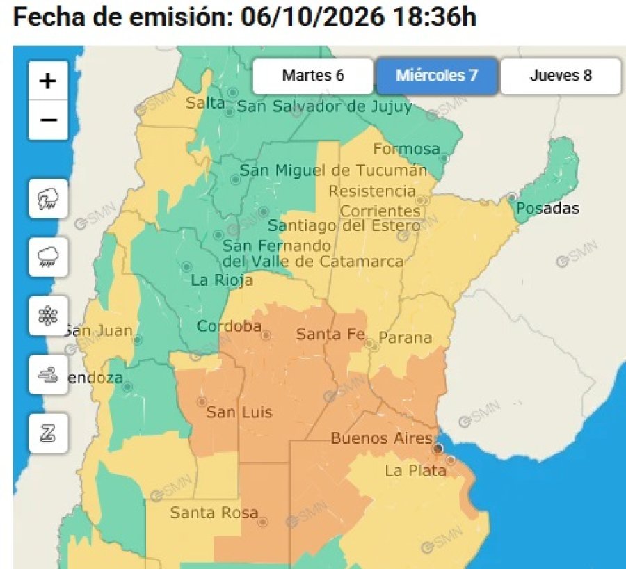 El mapa de la zona de riesgo con alerta naranja incluye a Rafaela.